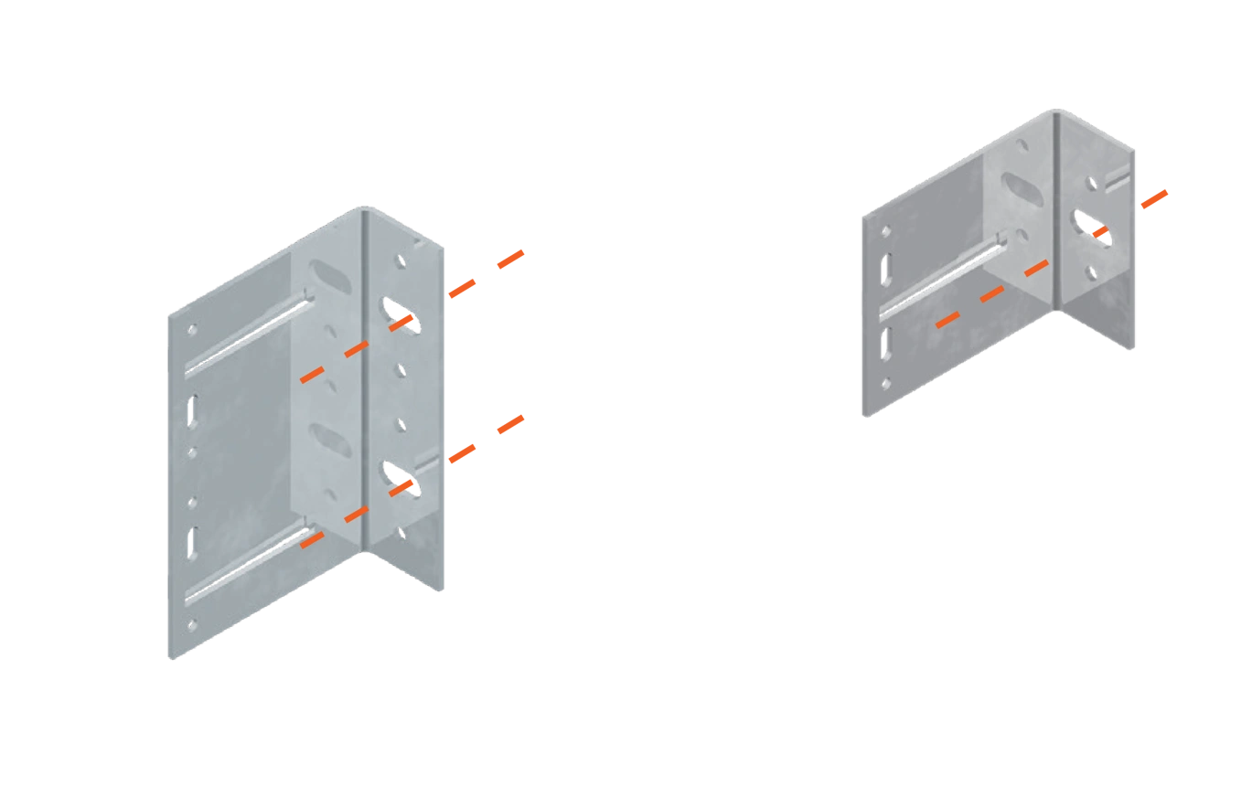Two metal mounting brackets connected by an orange dashed alignment line, illustrating a panel-to-panel assembly edge alignment.