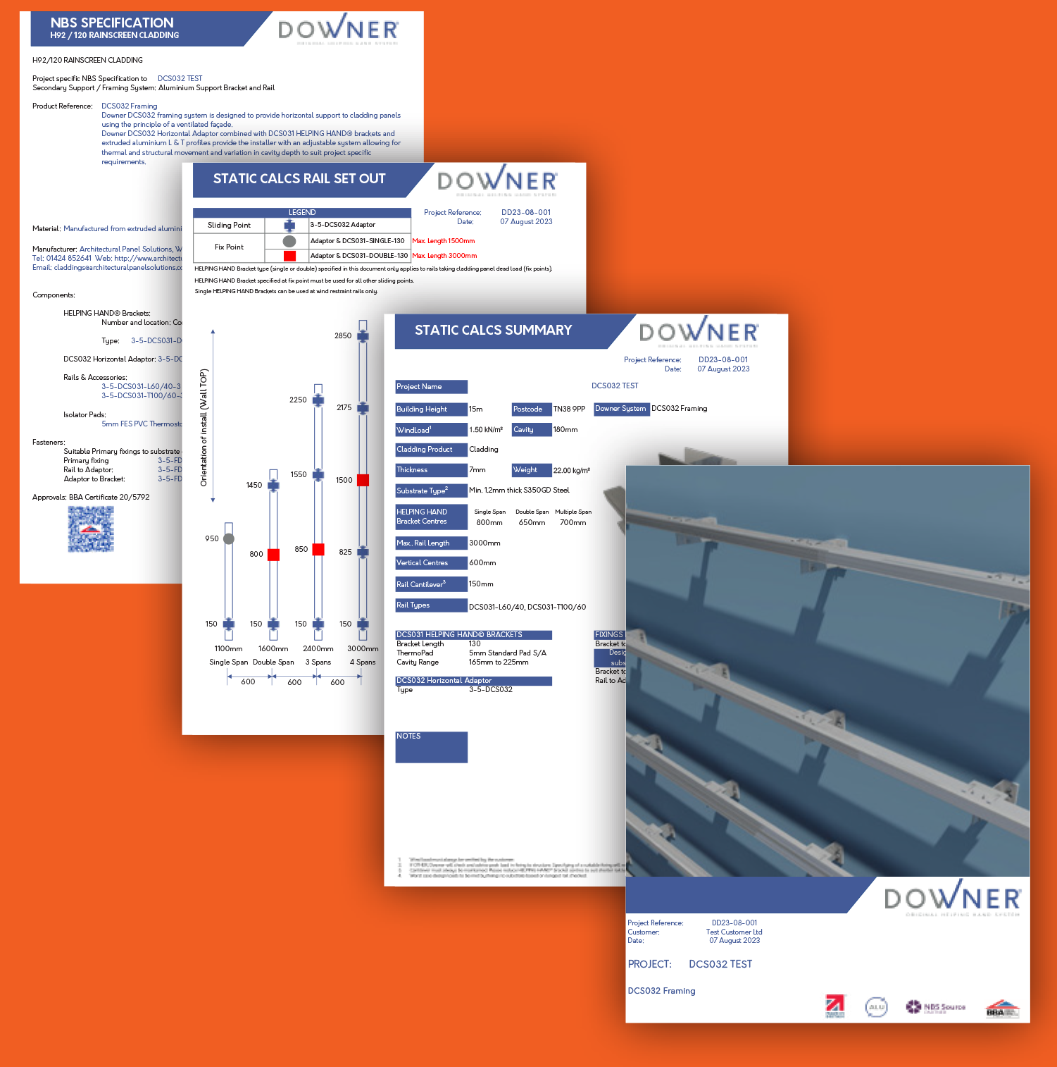 Collage of Downer technical specification sheets and a blue metal racking component on an orange background.