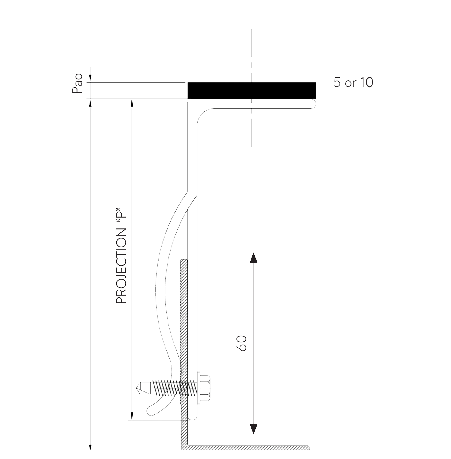 Technical cross-section of an industrial valve or piping assembly with a curved tube, dimension arrows, and 'PROJECTION' label on the side.