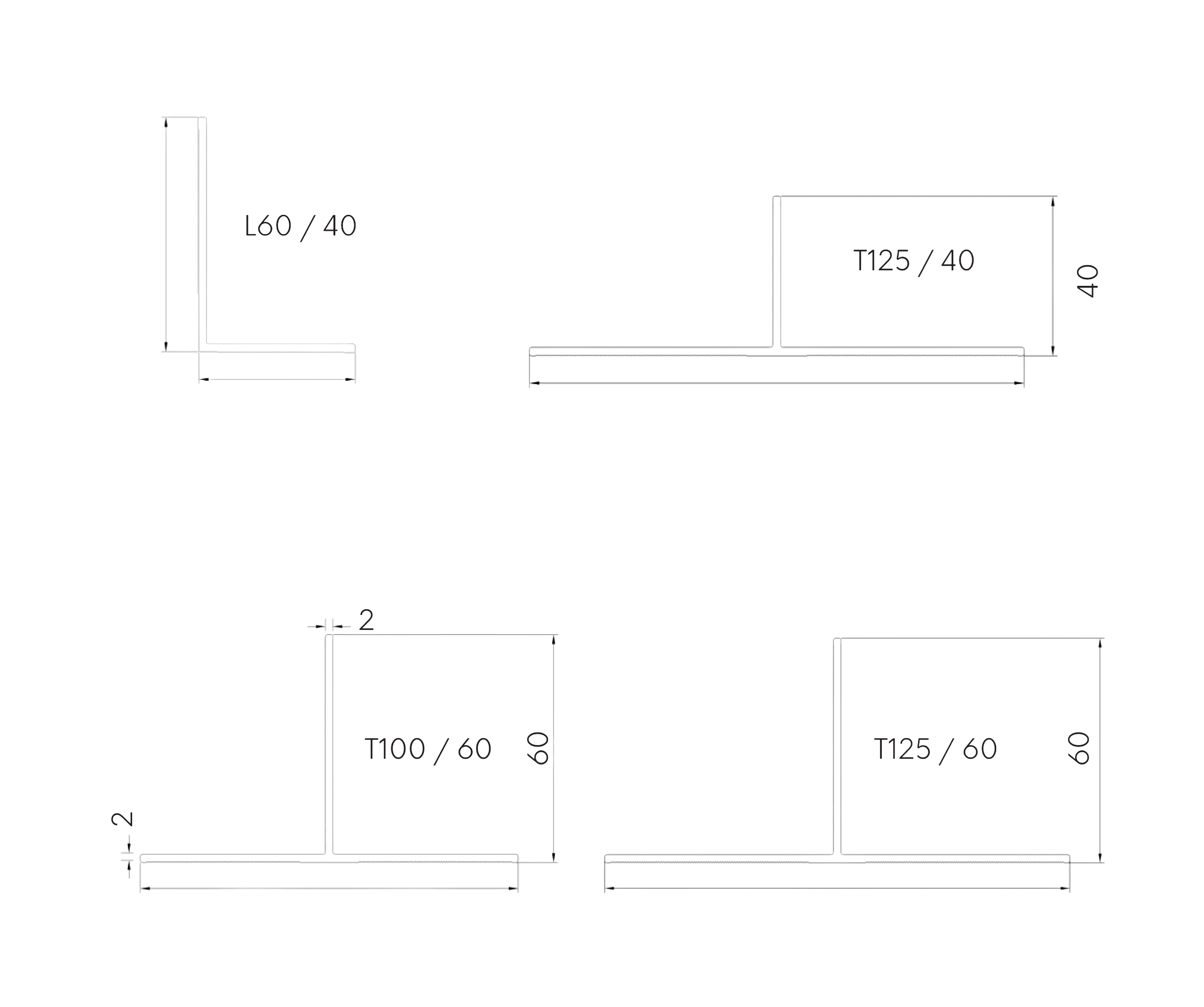 CAD diagram of two adjacent rectangular profiles with dimensions T100/60 and T125/60 lines and arrows