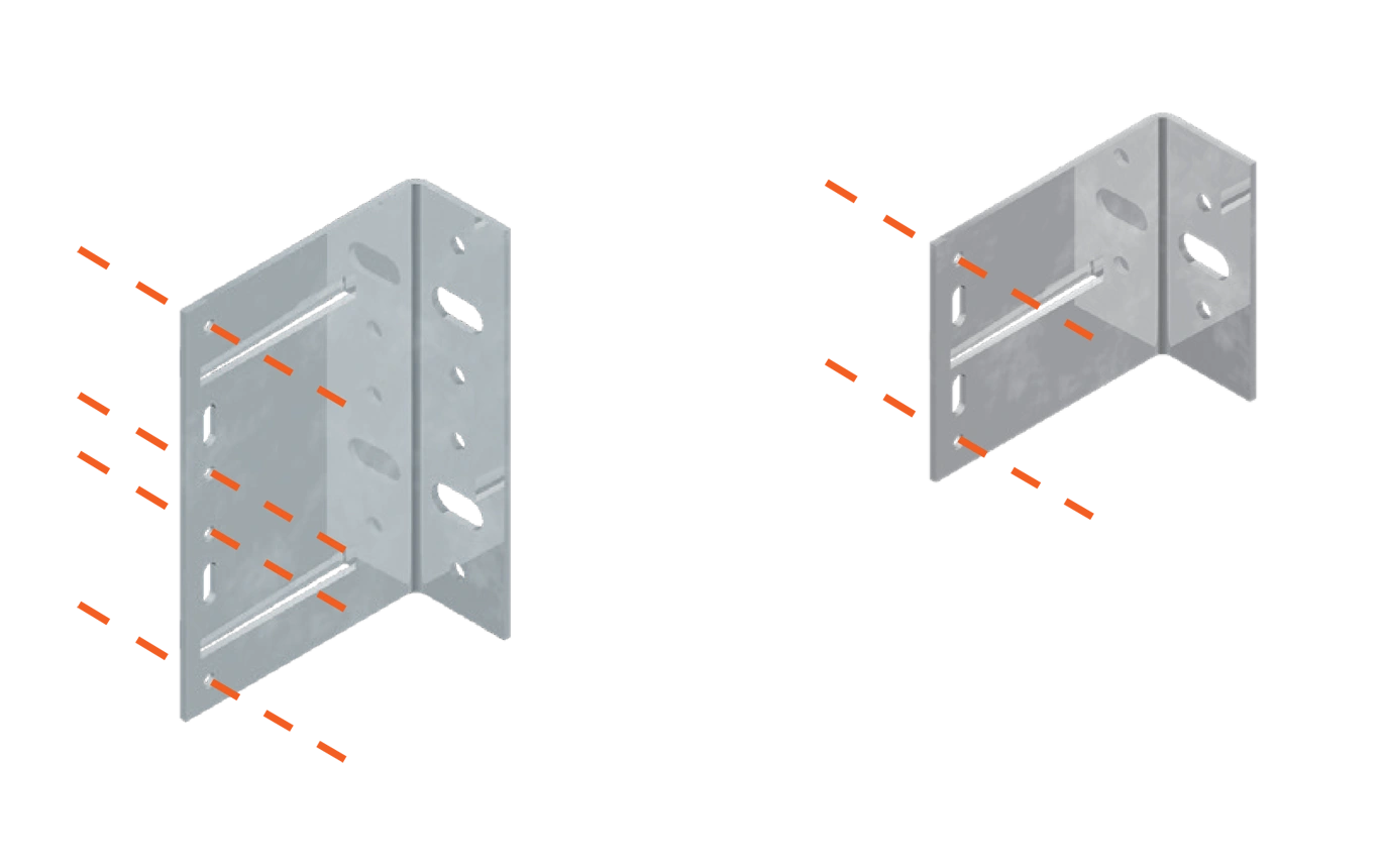 Two metal mounting brackets connected by a central track, forming a double-track support frame used for mounting rails or panels in construction.