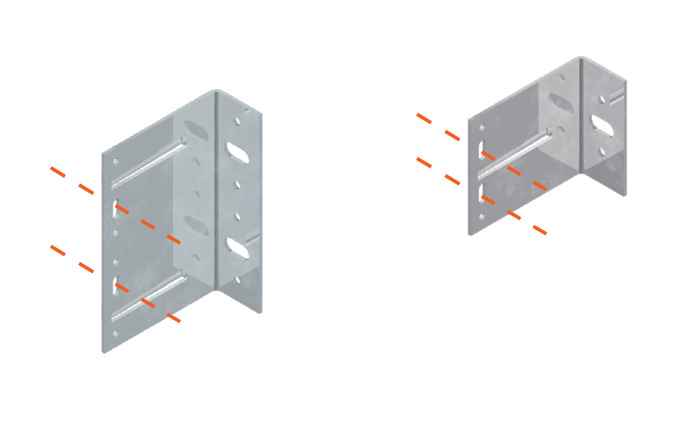 Two metal wall brackets connected by a cross rail, with orange alignment marks showing adjustable mounting slots.