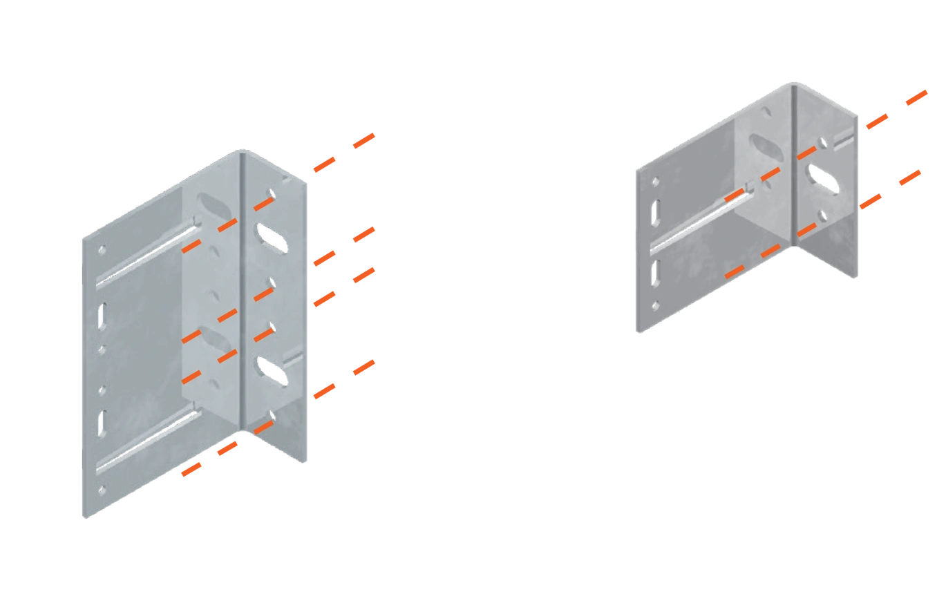 Three gray metal framing sections connected by brackets, with orange dashed lines marking joints or guides.