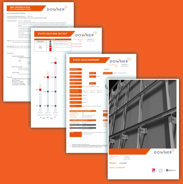 A collage of technical documents with orange headers and the Downer logo, plus a grayscale construction image on the right, all set against an orange background.