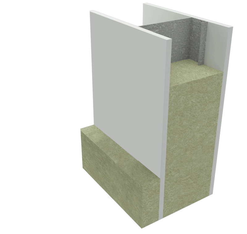 Isometric cutaway of a wall showing inner and outer panels with mineral wool insulation in the cavity between them.